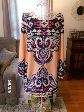 Pink Owl Women's Bell Sleeve Peach,Blue & White Shift Dress Size Medium